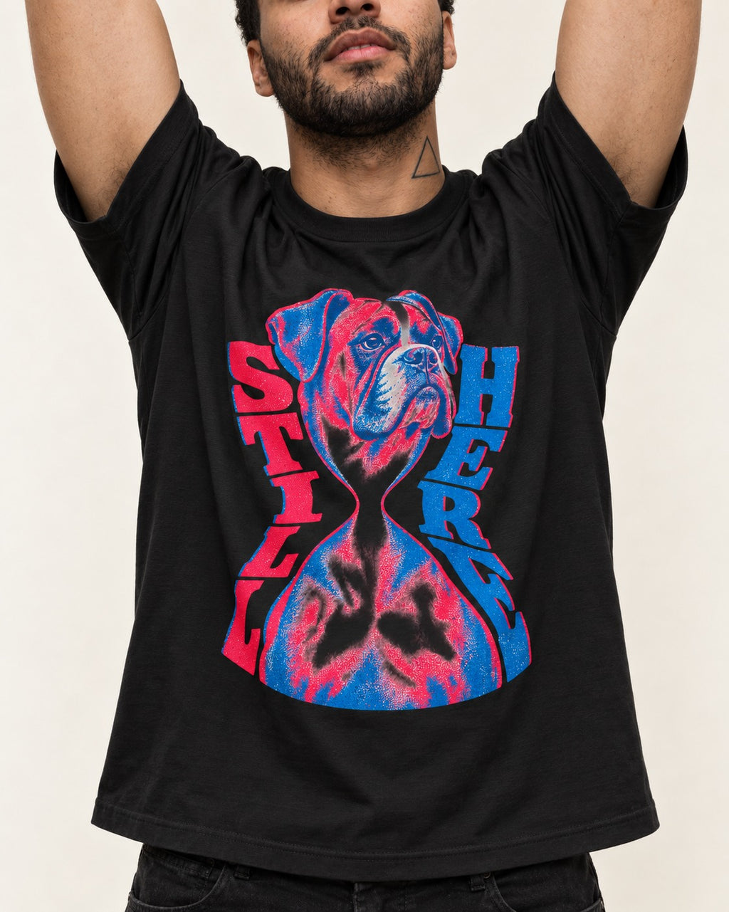 Stay Here Boxer Duotone Portrait T-Shirt in Black, worn by a model, front view
