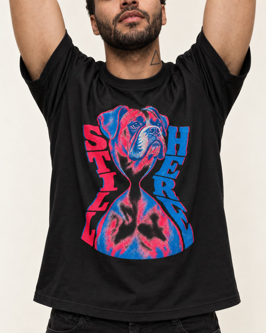 Stay Here Boxer Duotone Portrait T-Shirt in Black, worn by a model, front view