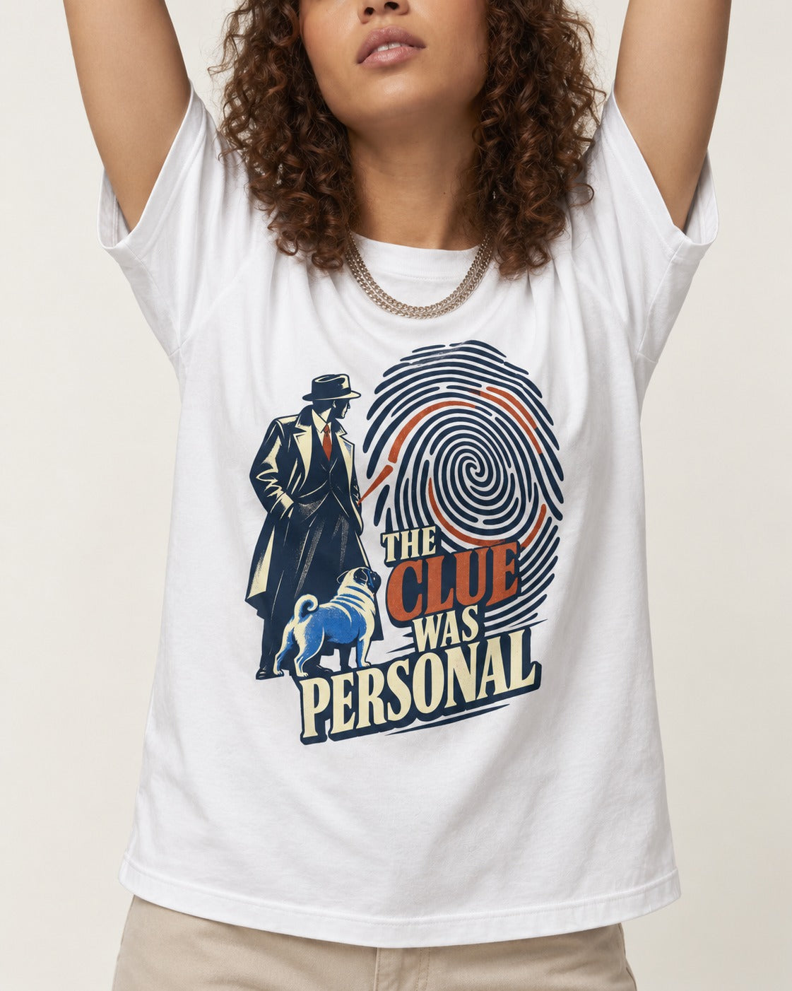 The Pug Clue Was Personal T-Shirt in White, worn by a model, front view