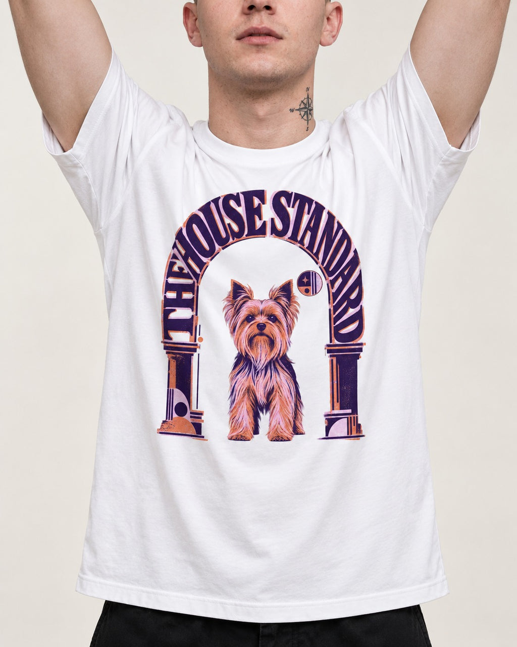 The Yorkshire Terrier House Standard T-Shirt in White, worn by a model, front view