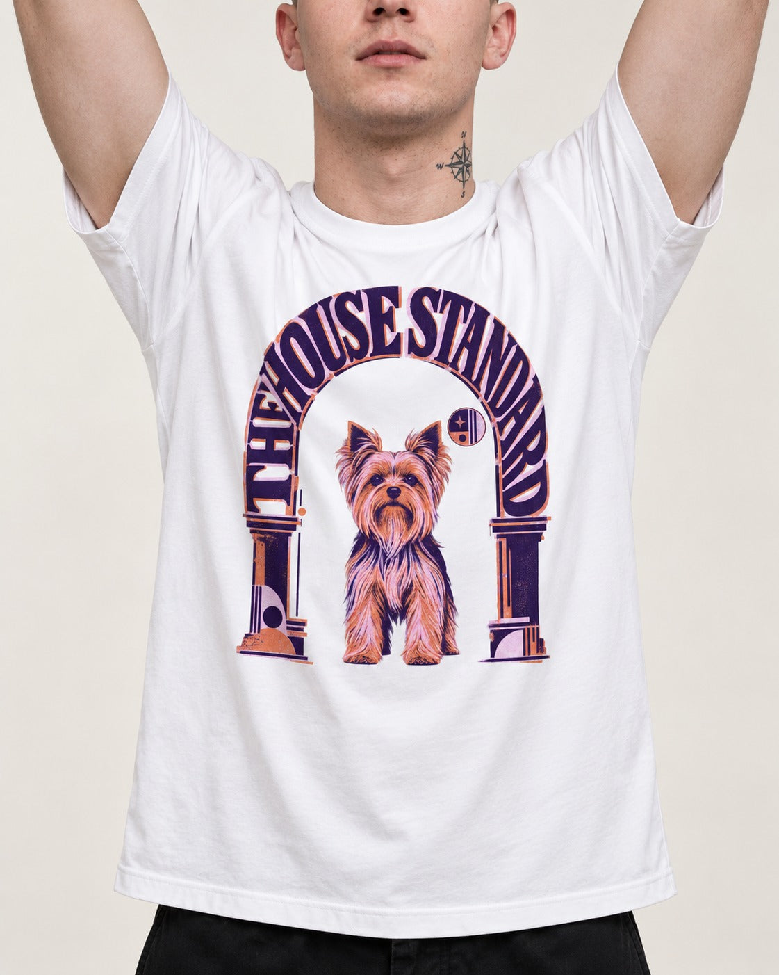 The Yorkshire Terrier House Standard T-Shirt in White, worn by a model, front view