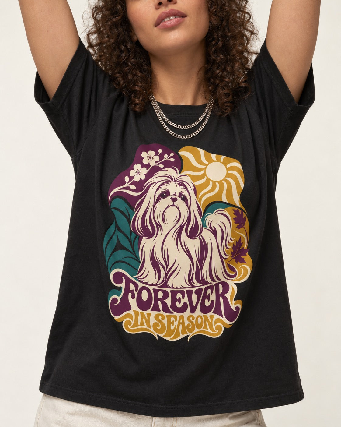 Shih Tzu Forever in Season Botanical Sun Graphic T-Shirt in Black, worn by a model, front view