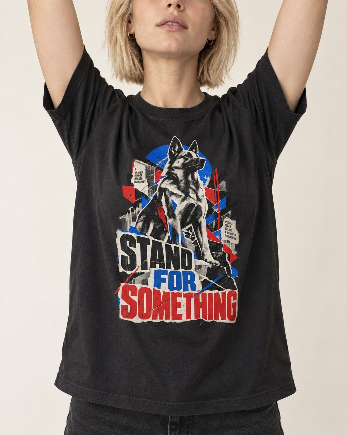 Stand For Something Brutalist Collage German Shepherd Dog Graphic T-Shirt in Black, worn by a model, front view