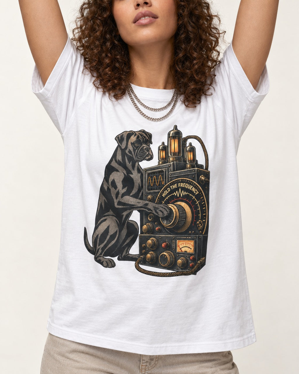 Hold the Boxer Frequency T-Shirt in White, worn by a model, front view