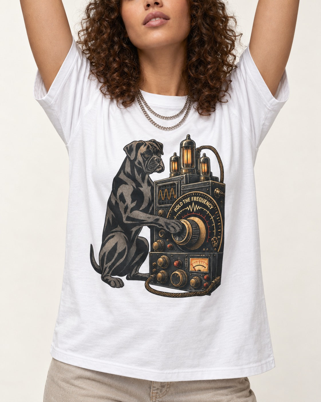 Hold the Boxer Frequency T-Shirt in White, worn by a model, front view