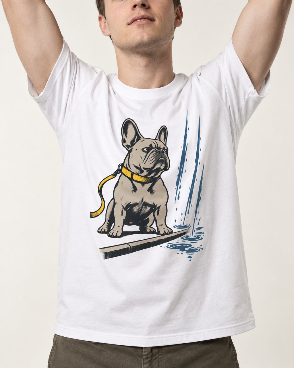 Frenchie Has Standards T-Shirt in White, worn by a model, front view