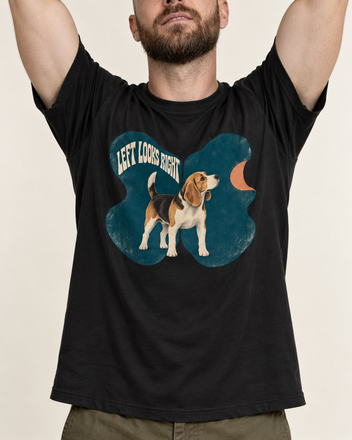 Left Looks Right Beagle Abstract Shapes T-Shirt in Black, worn by a model, front view