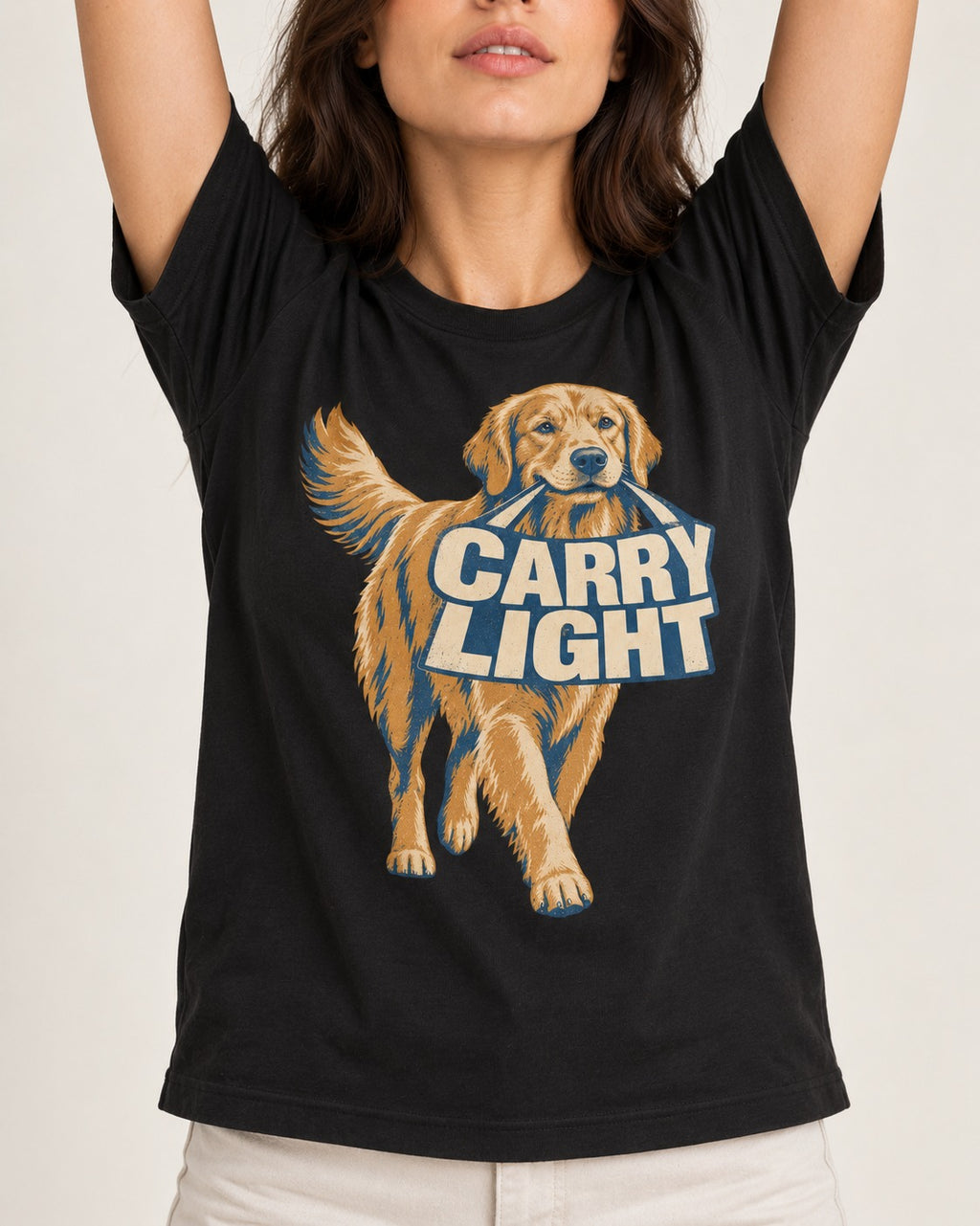 Golden Retriever Carry Light Sign Graphic T-Shirt in Black, worn by a model, front view