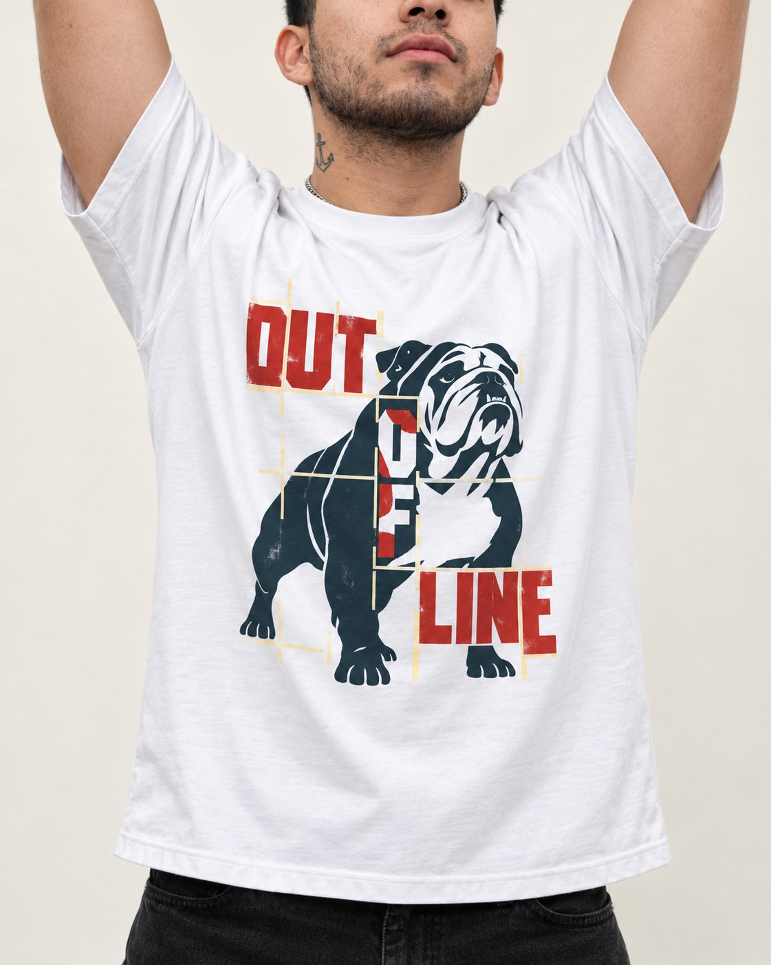 English Bulldog Out of Line T-Shirt in White, worn by a model, front view