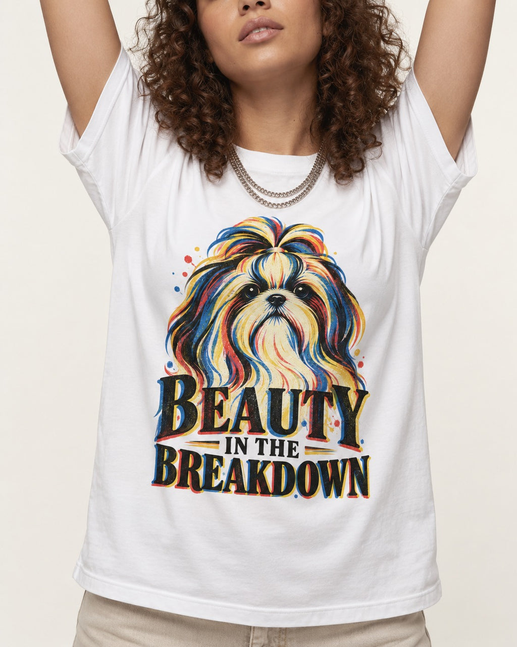 Shih Tzu Beauty in the Breakdown T-Shirt in White, worn by a model, front view