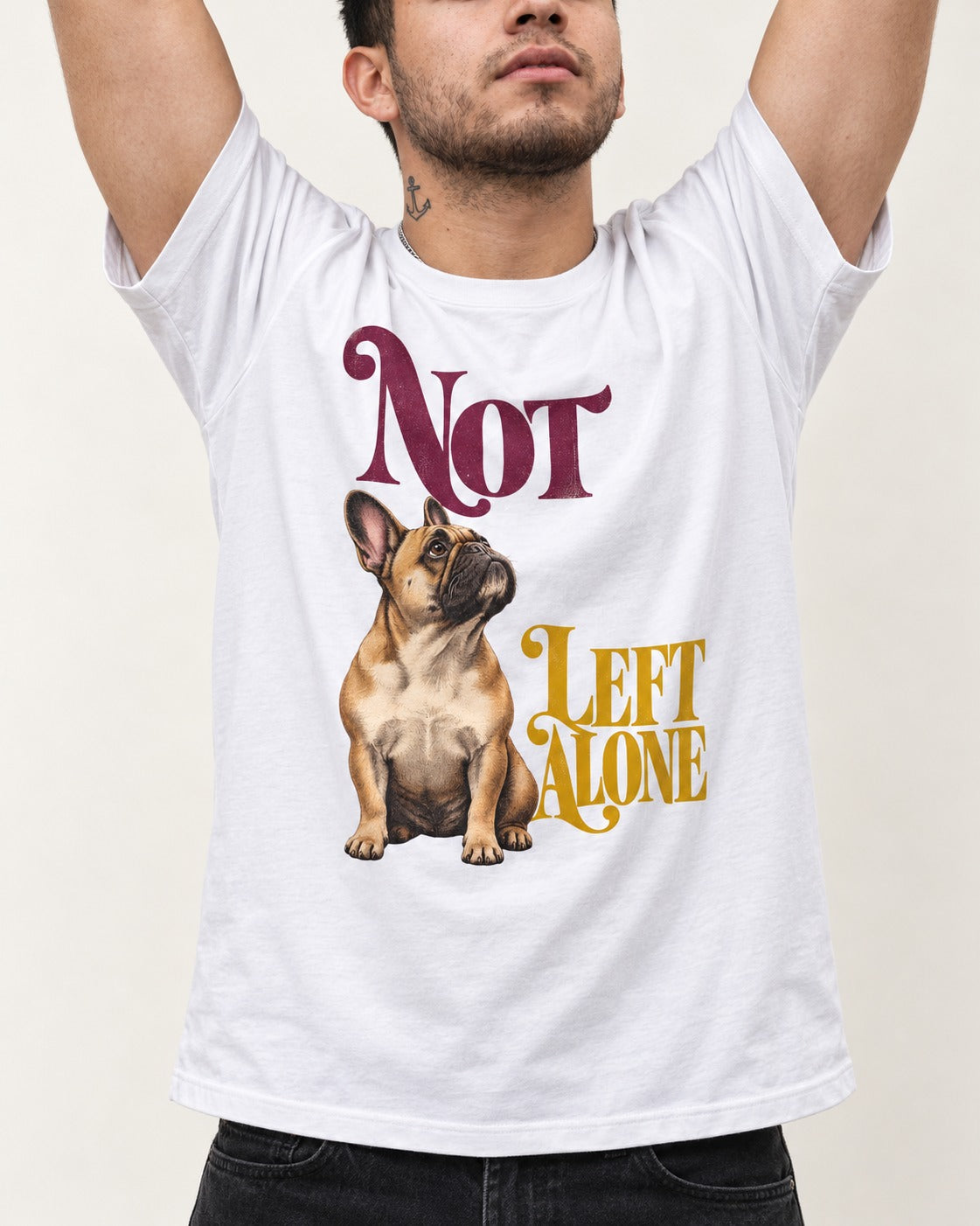 Frenchie Not Left Alone T-Shirt in White, worn by a model, front view