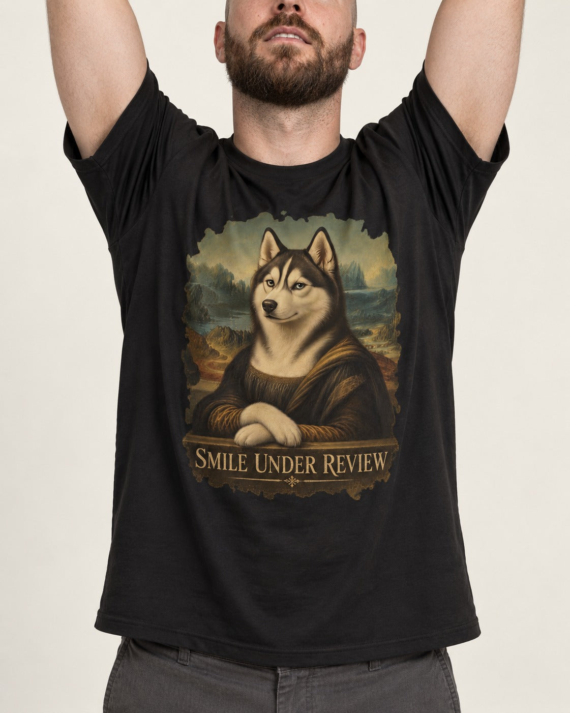 Husky Smile Under Review Renaissance Portrait Graphic T-Shirt in Black, worn by a model, front view