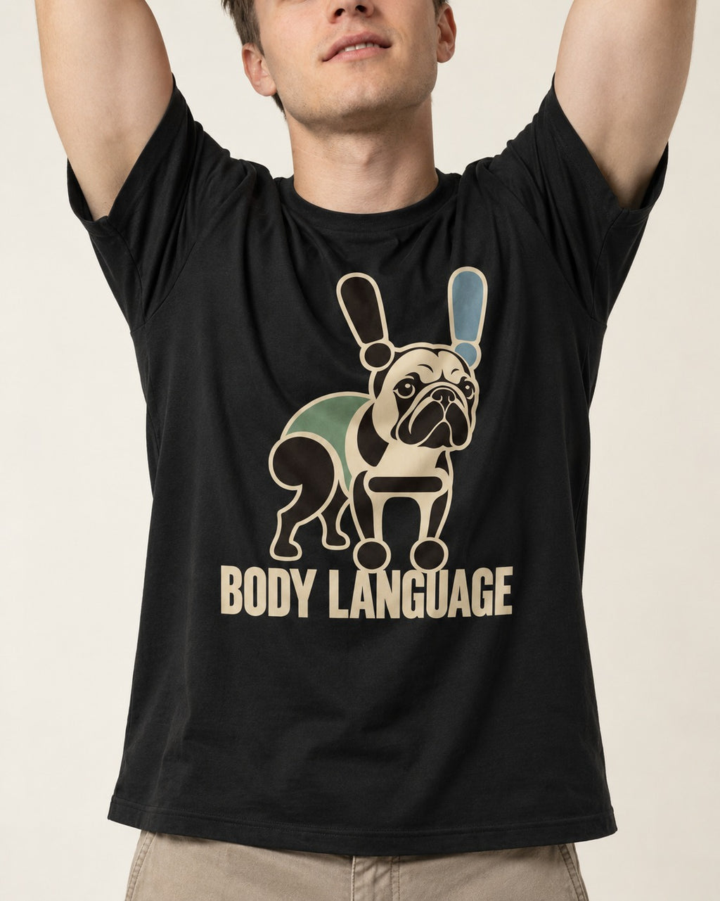 Frenchie Body Language Punctuation Graphic T-Shirt in Black, worn by a model, front view