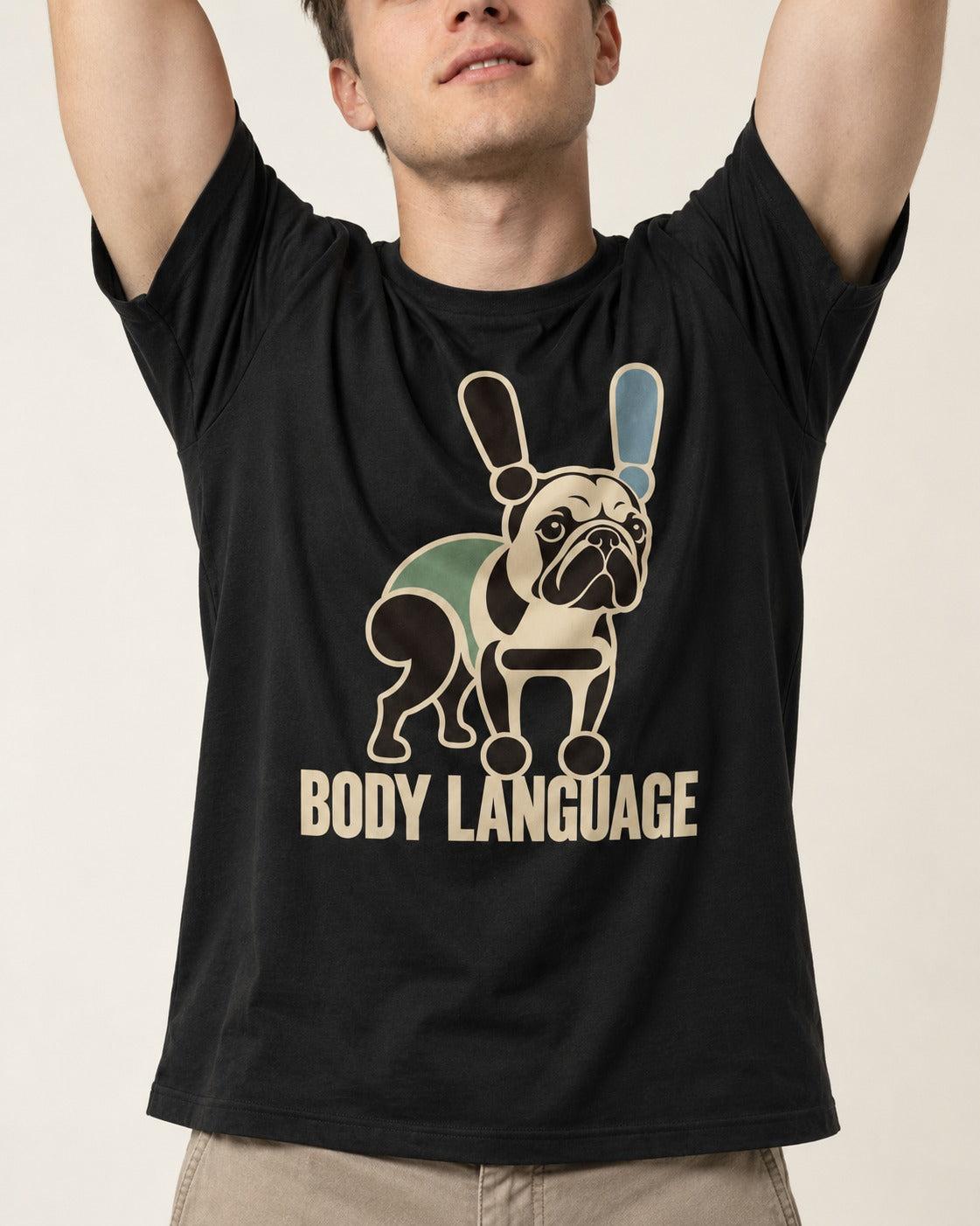 Frenchie Body Language Punctuation Graphic T-Shirt in Black, worn by a model, front view