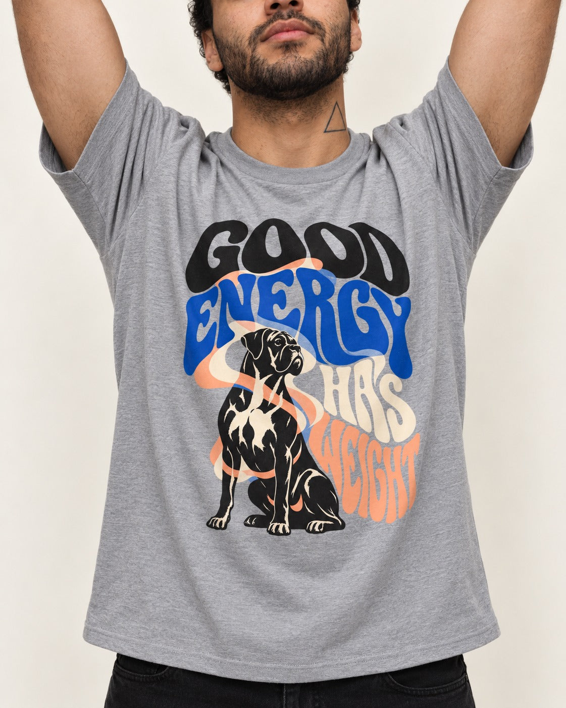 Good Energy Has Weight Boxer Retro Typography T-Shirt in Sport Grey, worn by a model, front view