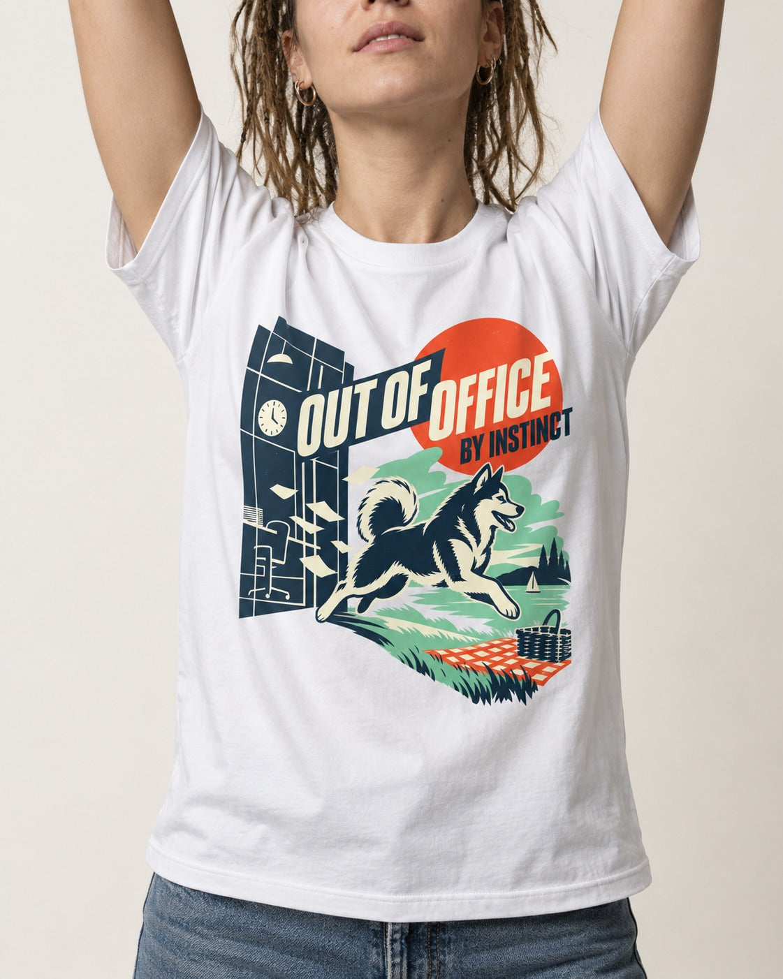 Husky Out of Office T-Shirt in White, worn by a model, front view