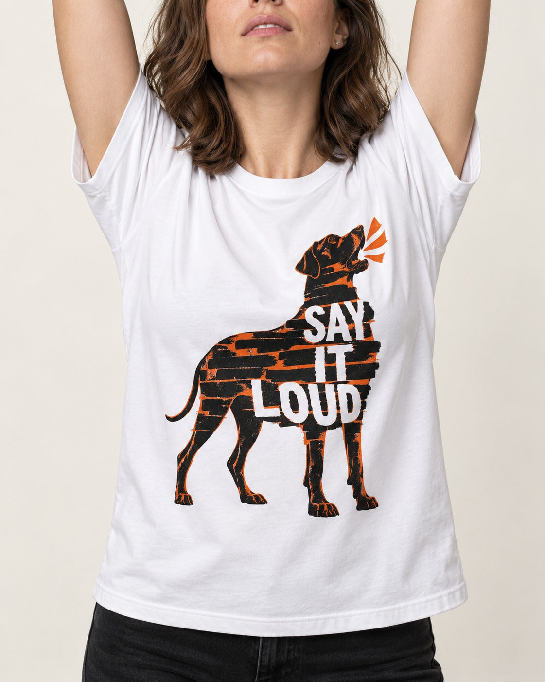 Great Dane Say It Loud T-Shirt in White, worn by a model, front view
