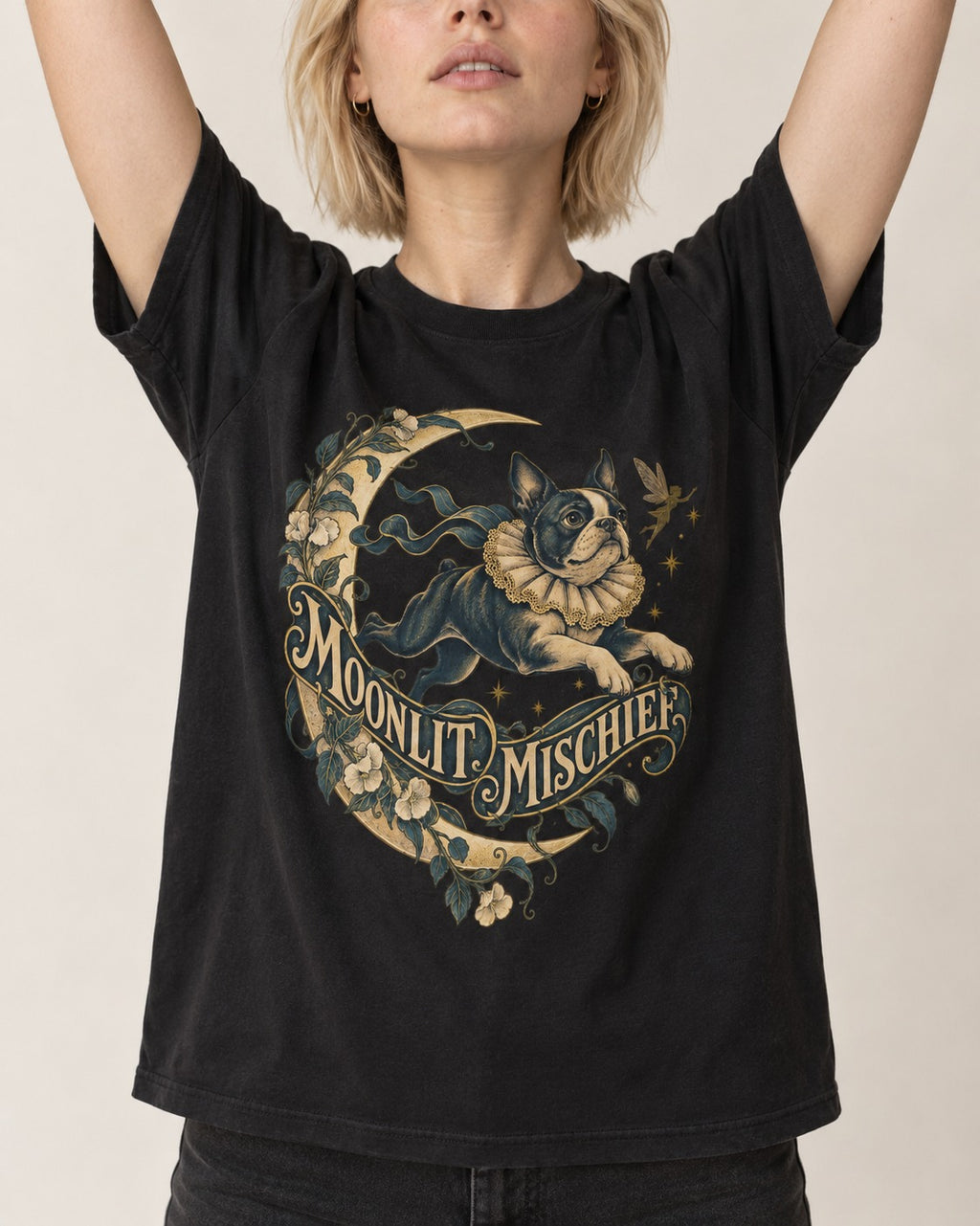 Boston Terrier Moonlit Mischief T-Shirt in Black, worn by a model, front view