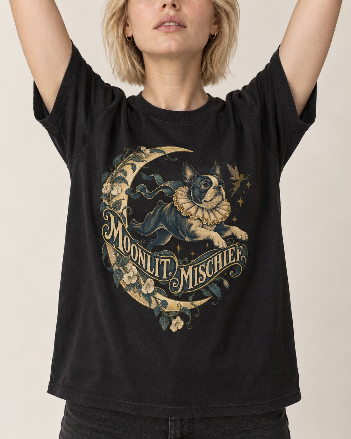 Boston Terrier Moonlit Mischief T-Shirt in Black, worn by a model, front view