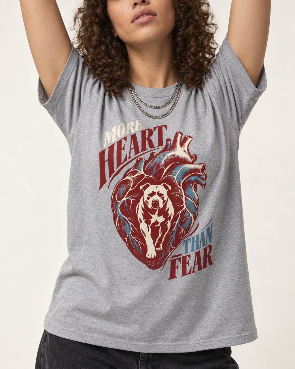 Pitbull More Heart Than Fear Anatomical Heart Graphic T-Shirt in Sport Grey, worn by a model, front view