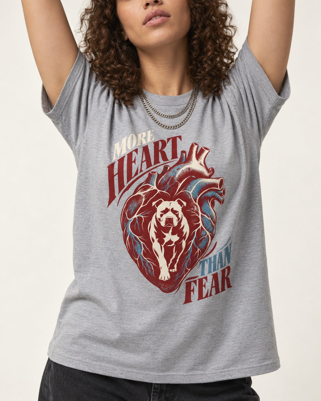 Pitbull More Heart Than Fear Anatomical Heart Graphic T-Shirt in Sport Grey, worn by a model, front view