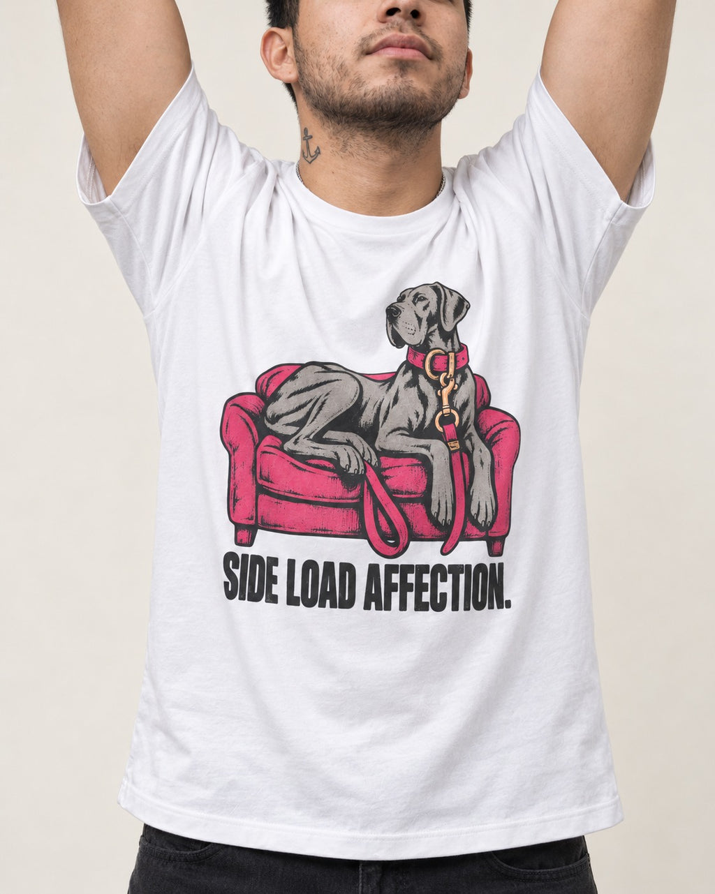 Great Dane Side Load Affection T-Shirt in White, worn by a model, front view