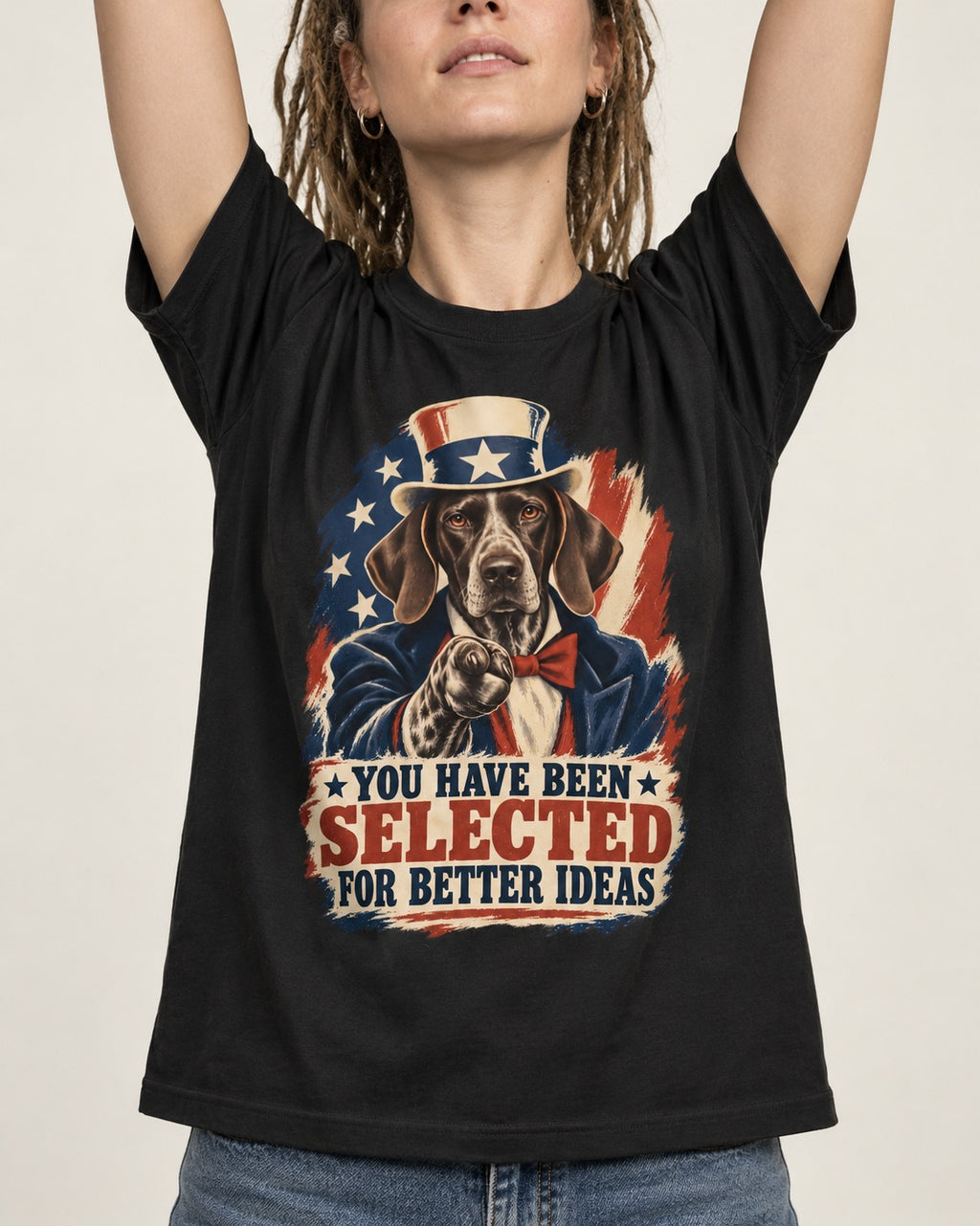 German Shorthaired Pointer You Have Been Selected For Better Ideas Uncle Sam Graphic T-Shirt in Black, worn by a model, front view