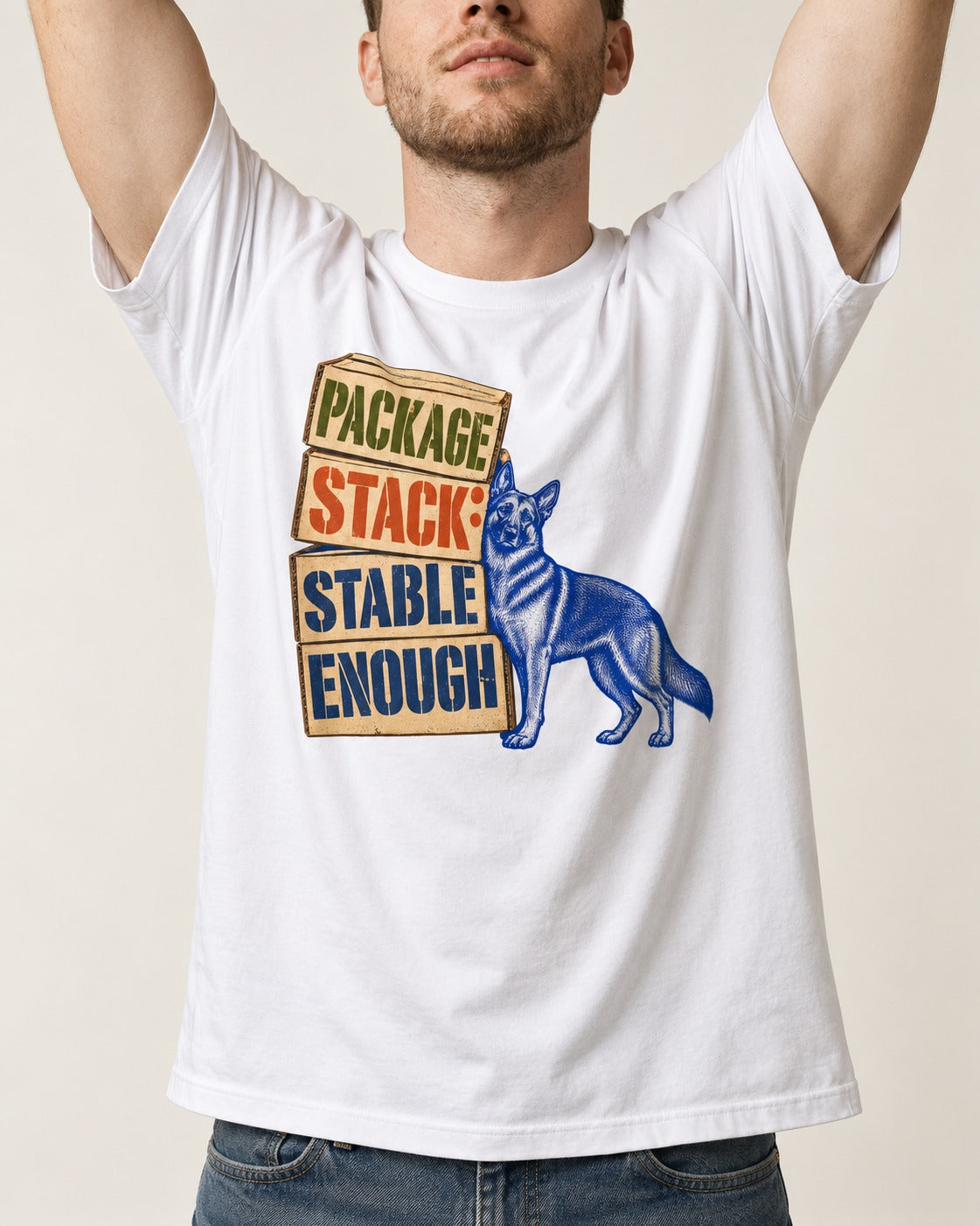 Package Stack Stable Enough German Shepherd Dog T-Shirt in White, worn by a model, front view