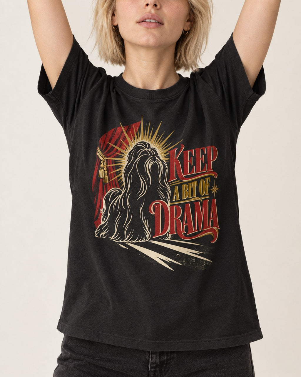 Shih Tzu Keep a Bit of Drama Theater Graphic T-Shirt in Black, worn by a model, front view