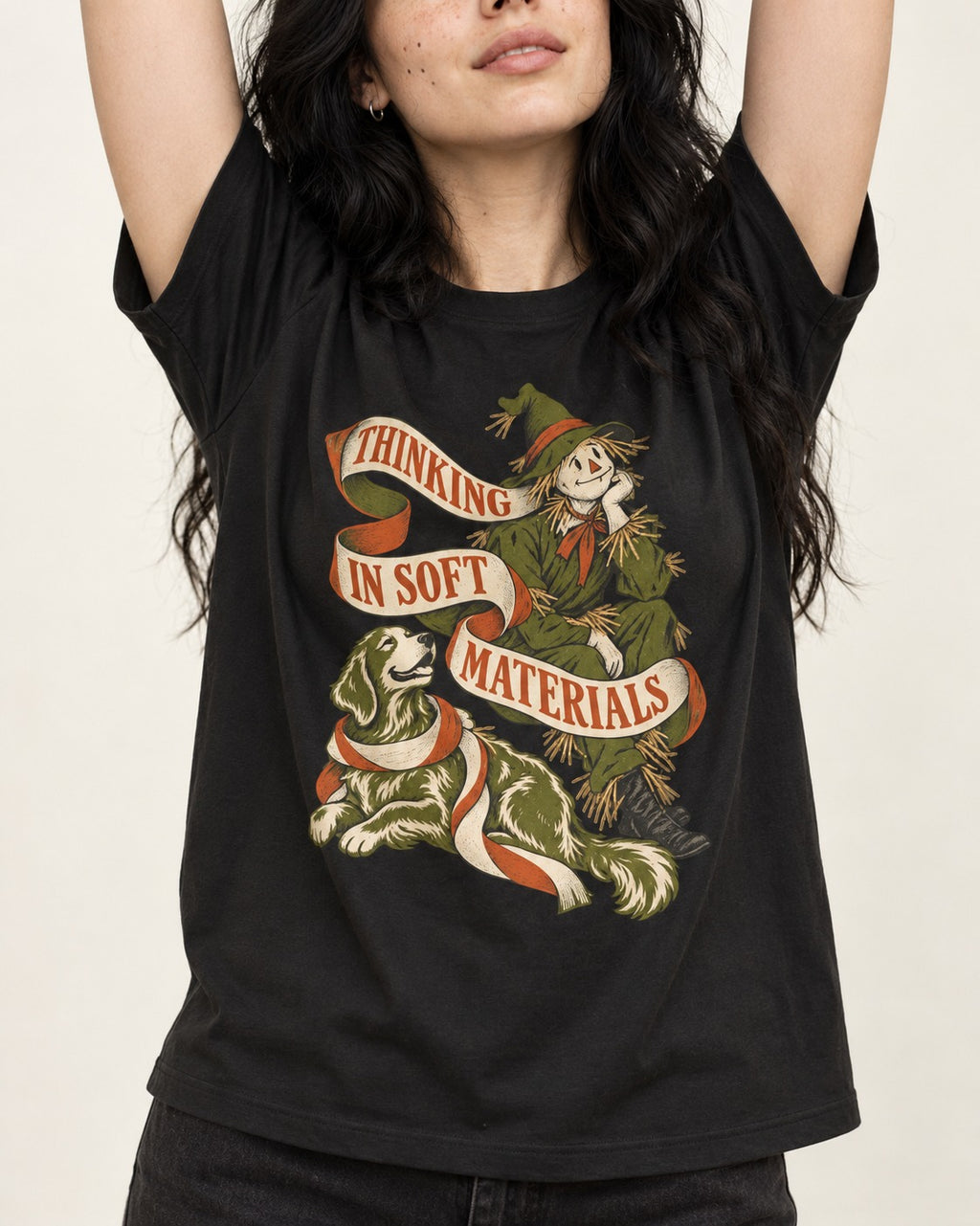 Golden Retriever Thinking in Soft Materials Scarecrow Graphic T-Shirt in Black, worn by a model, front view