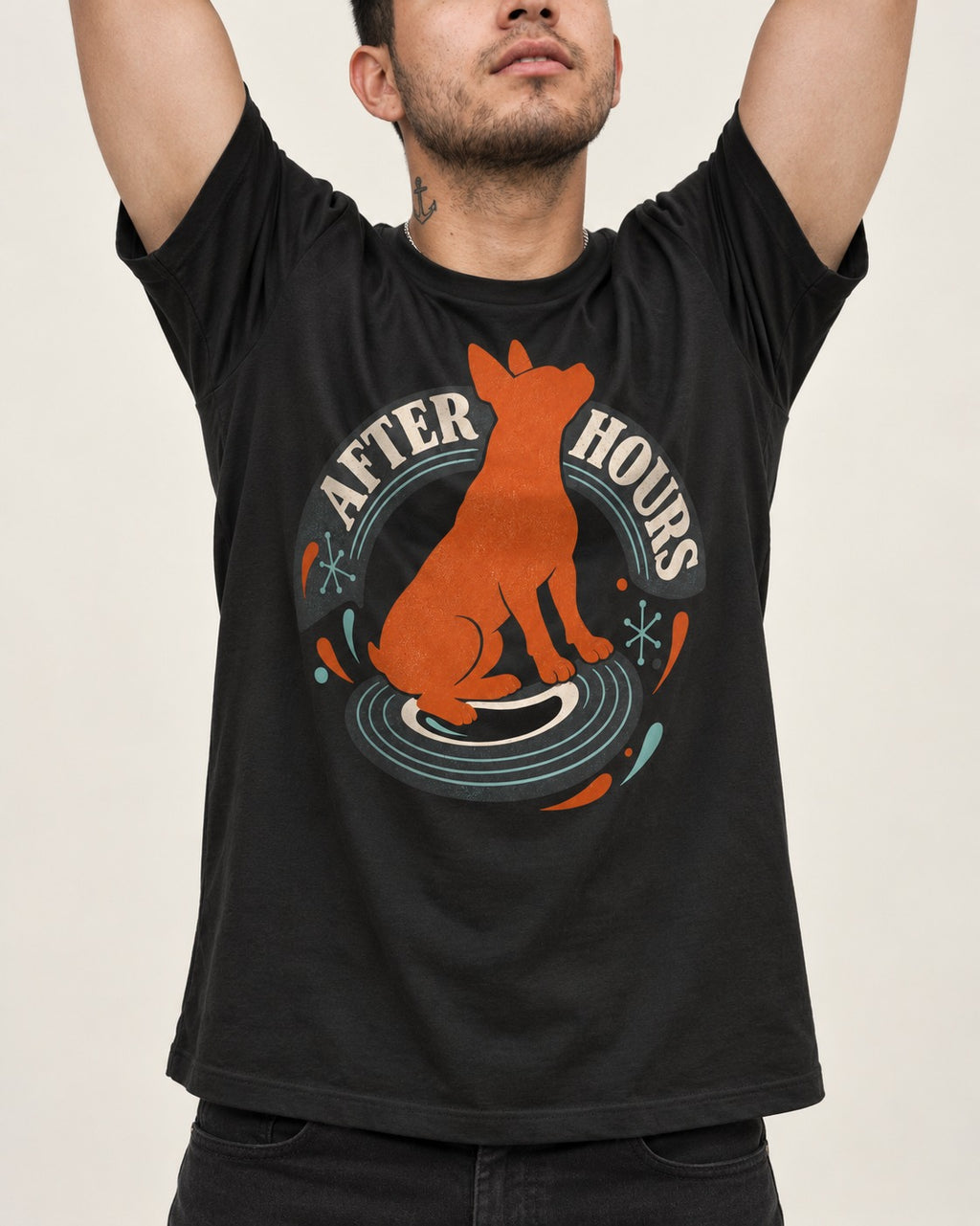 After Hours Boston Terrier Record Graphic T-Shirt in Black, worn by a model, front view