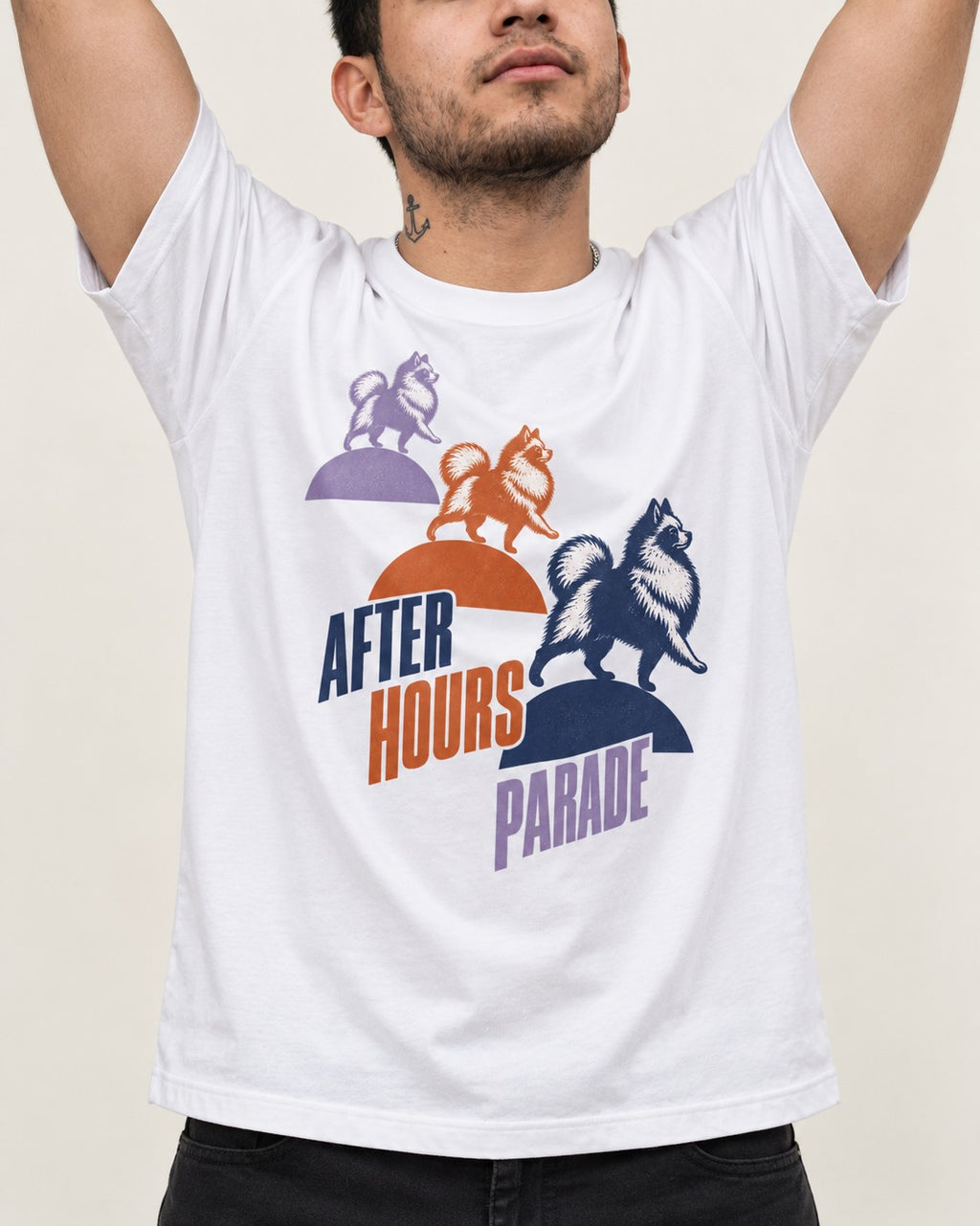 Pomeranian After Hours Parade T-Shirt in White, worn by a model, front view