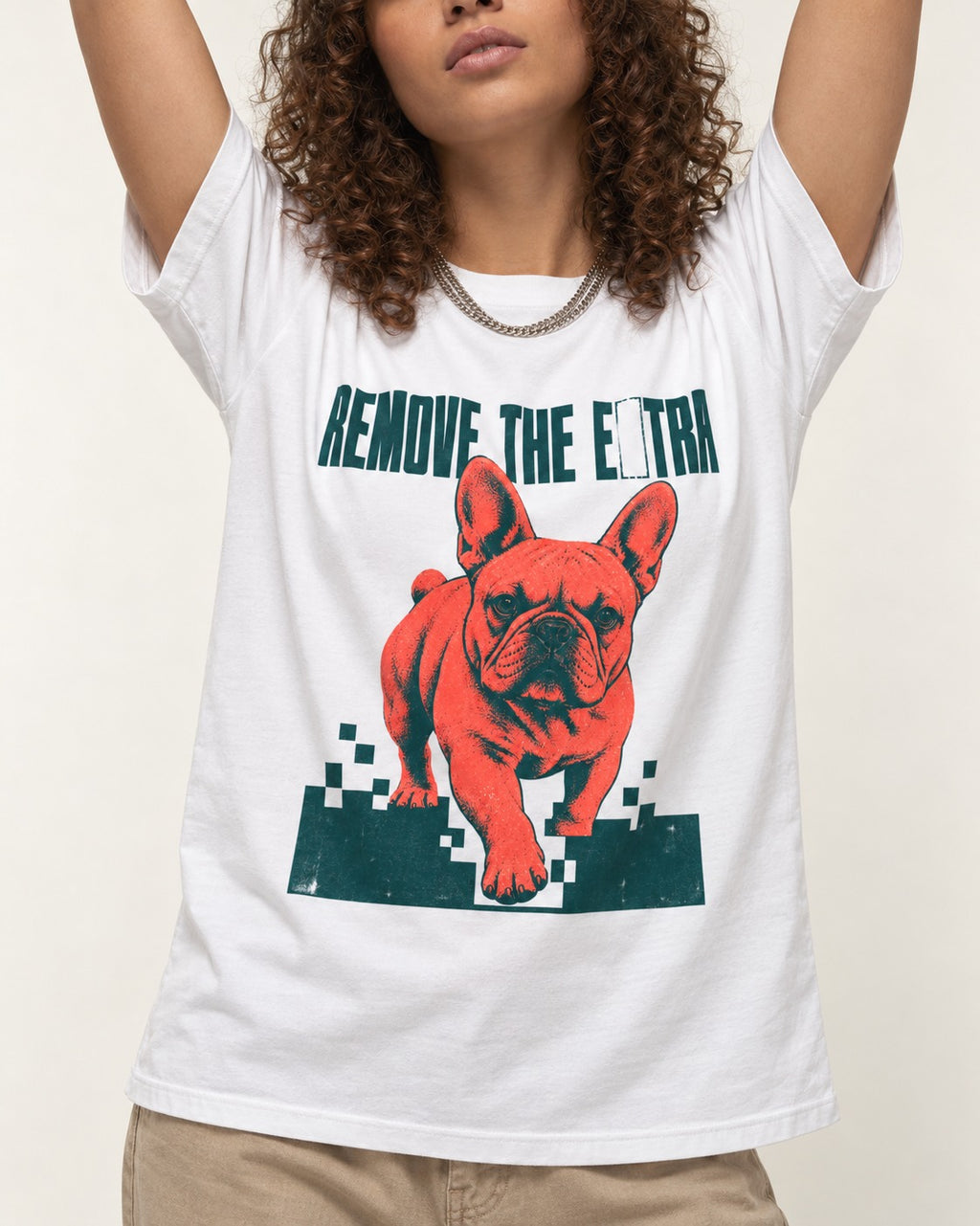 Frenchie Remove the Extra Pixel Break Graphic T-Shirt in White, worn by a model, front view