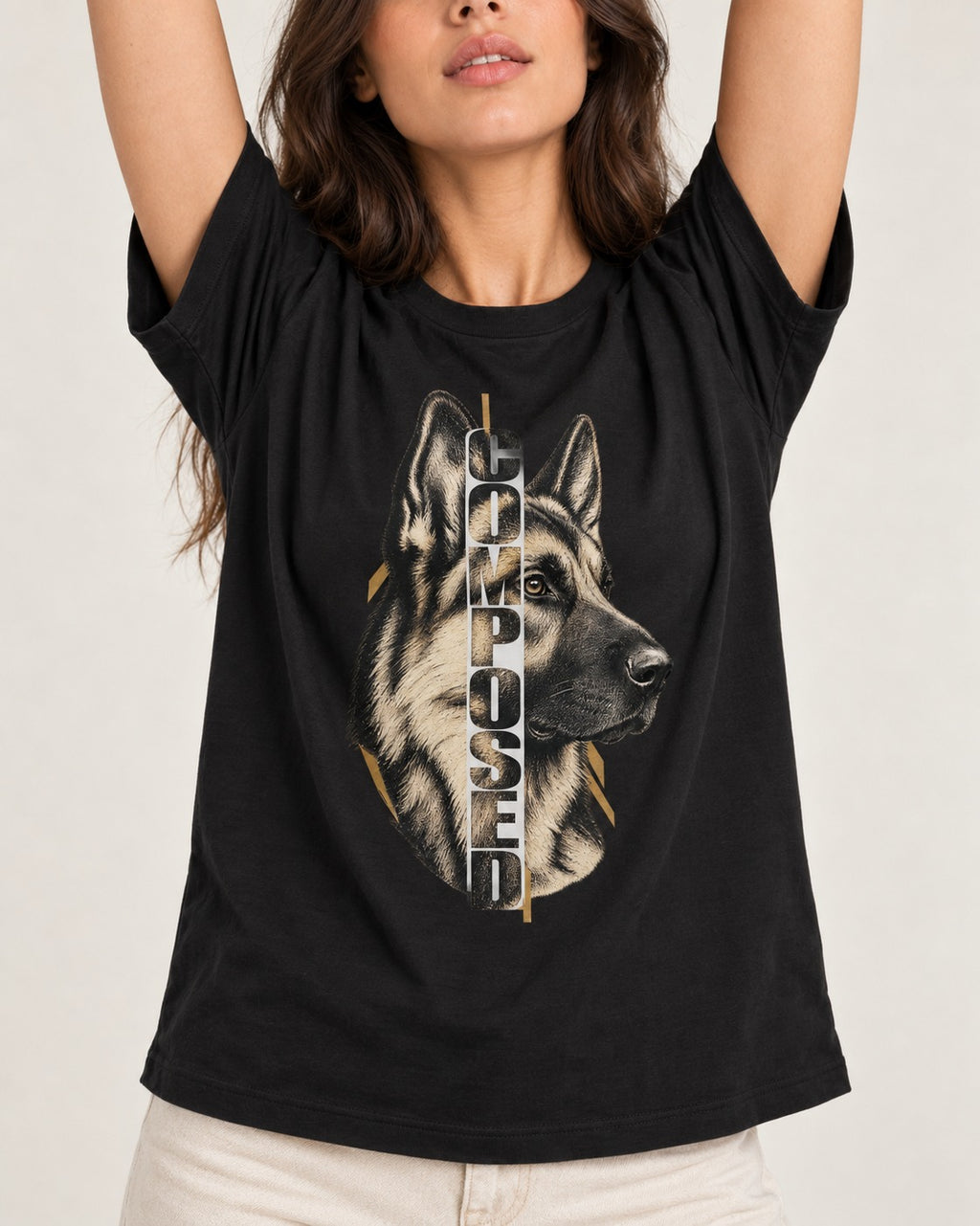 Composed Profile German Shepherd Dog Graphic T-Shirt in Black, worn by a model, front view