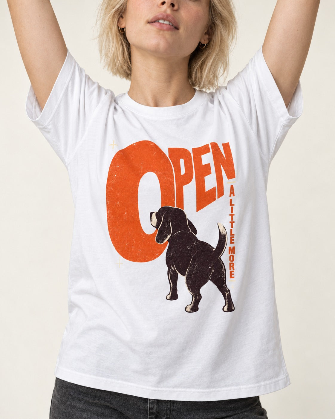 Open a Little More Beagle T-Shirt in White, worn by a model, front view