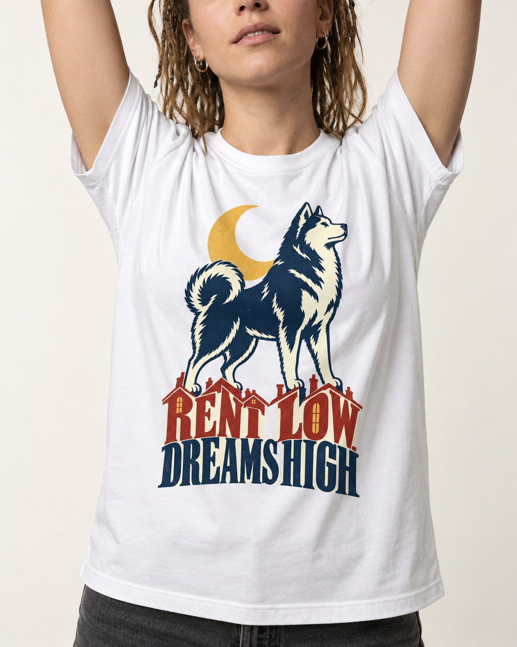 Husky Dreams High T-Shirt in White, worn by a model, front view