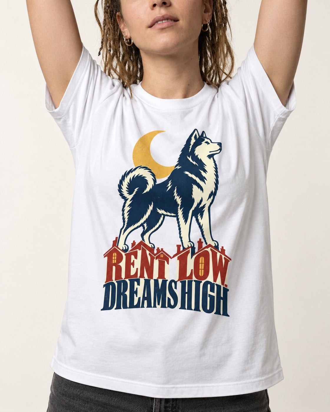Husky Dreams High T-Shirt in White, worn by a model, front view