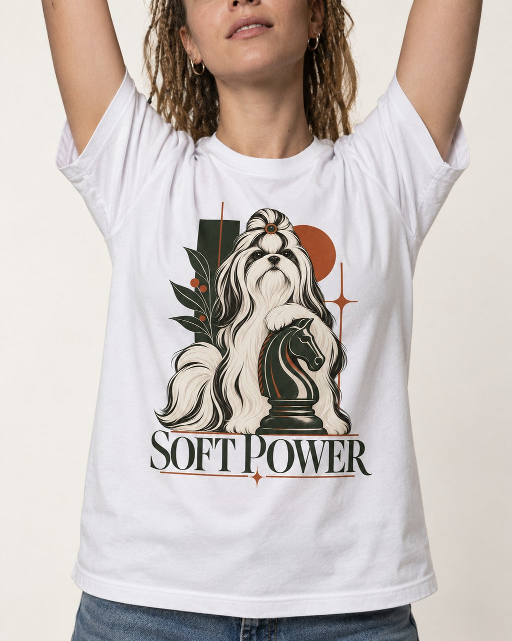 Soft Power Shih Tzu T-Shirt in White, worn by a model, front view