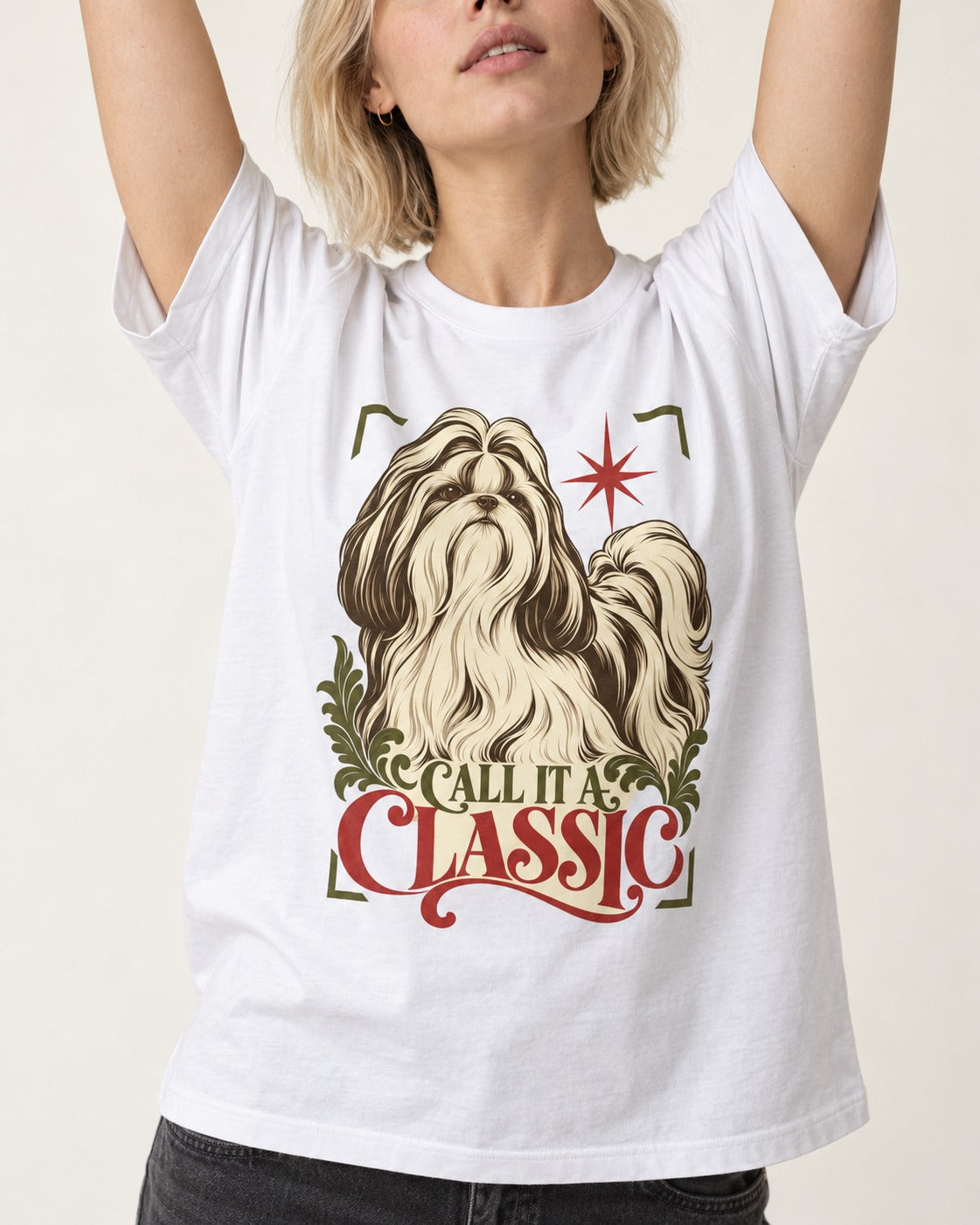 Call It a Shih Tzu Classic T-Shirt in White, worn by a model, front view