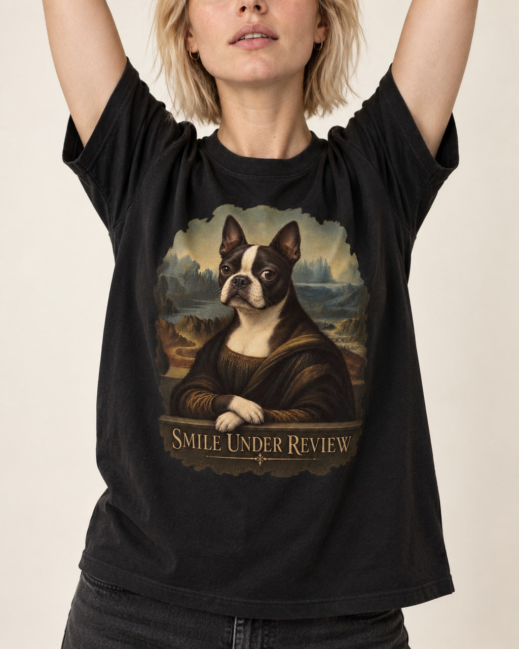 Smile Under Review Boston Terrier Mona Lisa Portrait T-Shirt in Black, worn by a model, front view