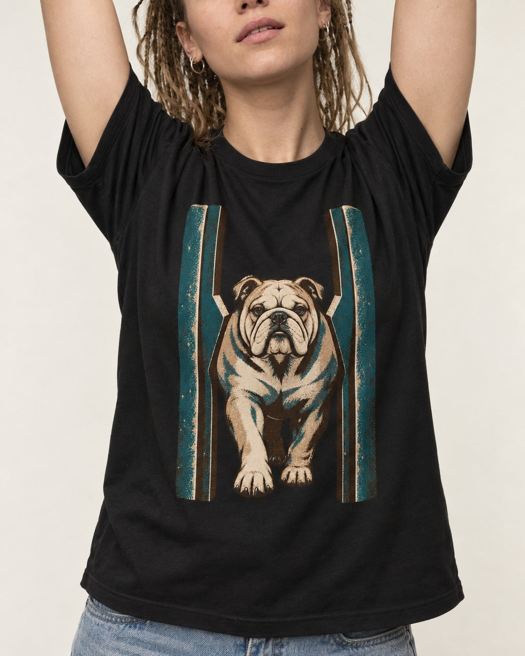 English Bulldog Walking Through Teal Gate Graphic T-Shirt in Black, worn by a model, front view