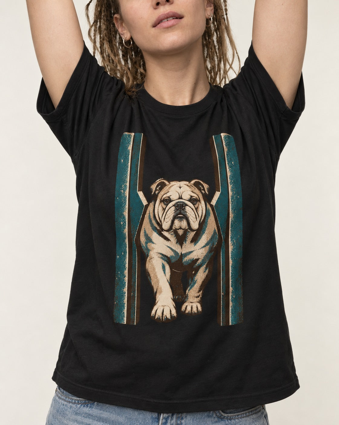 English Bulldog Walking Through Teal Gate Graphic T-Shirt in Black, worn by a model, front view