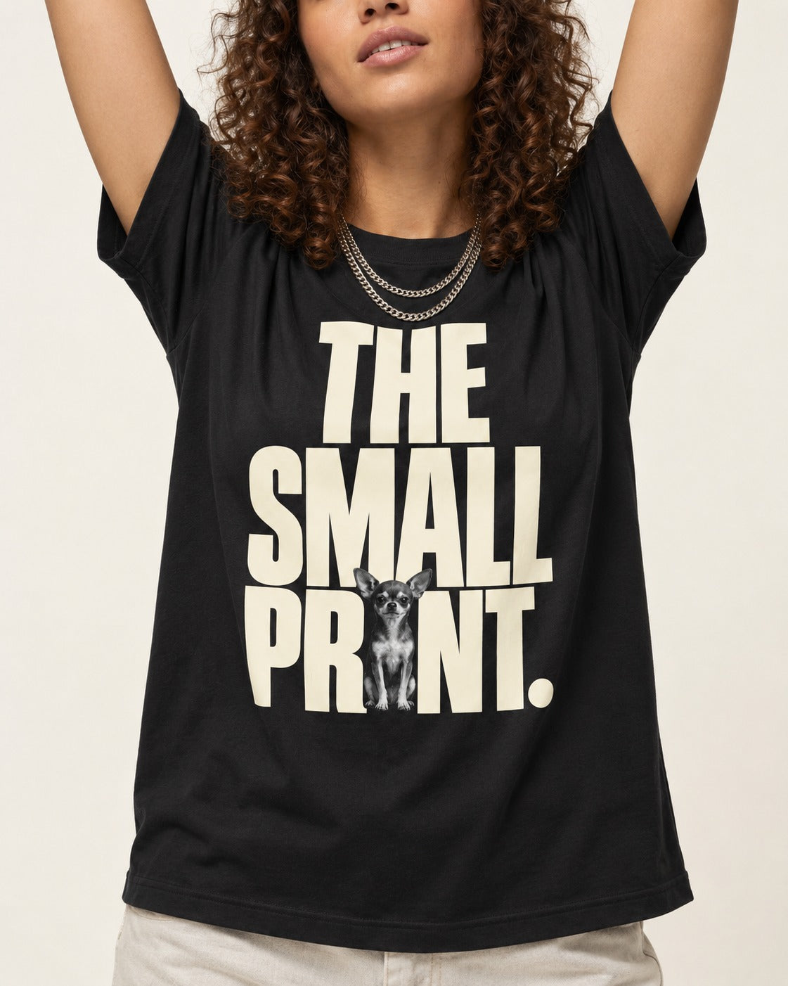 Chihuahua The Small Print Typographic Portrait T-Shirt in Black, worn by a model, front view