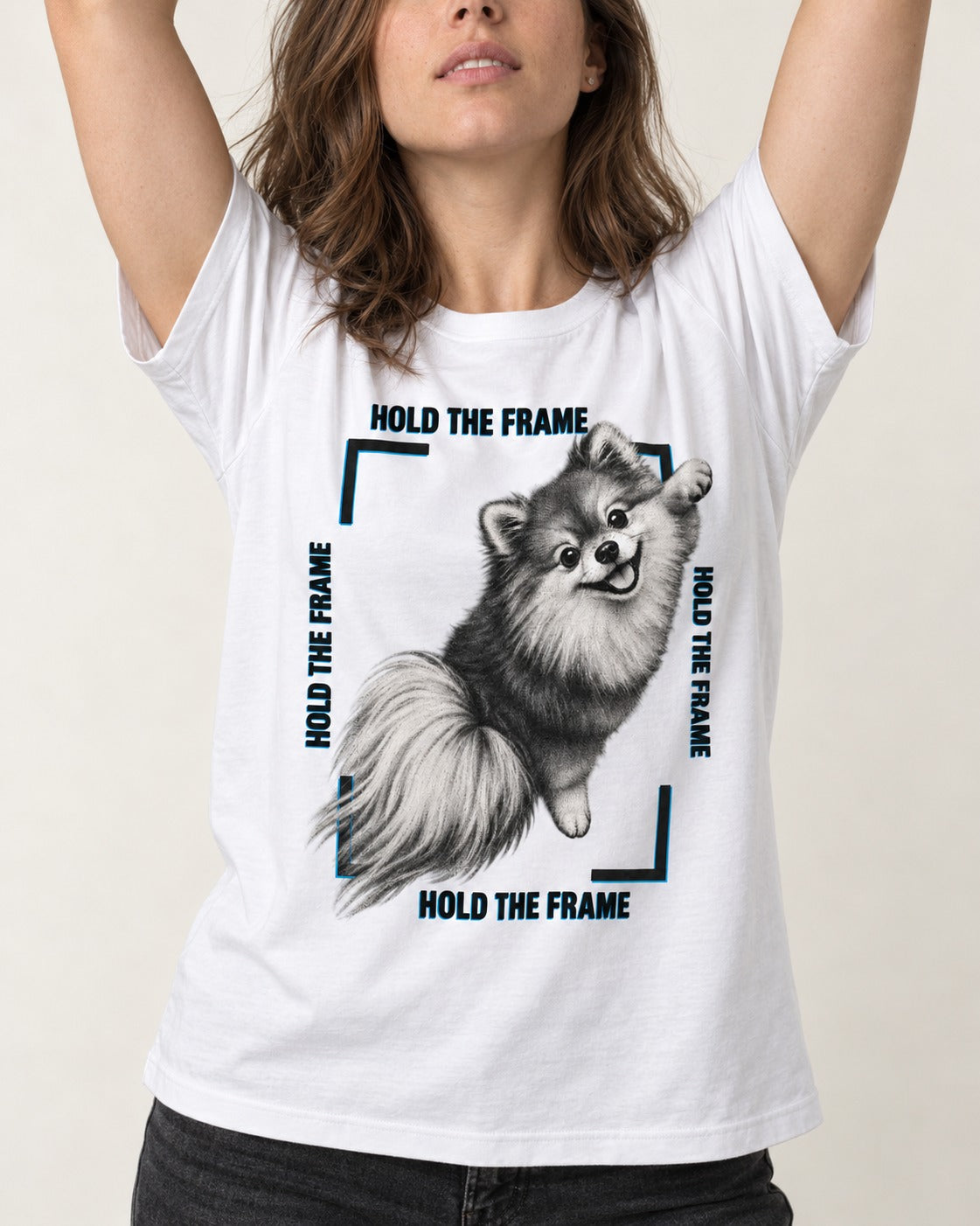 Hold the Frame Pomeranian T-Shirt in White, worn by a model, front view