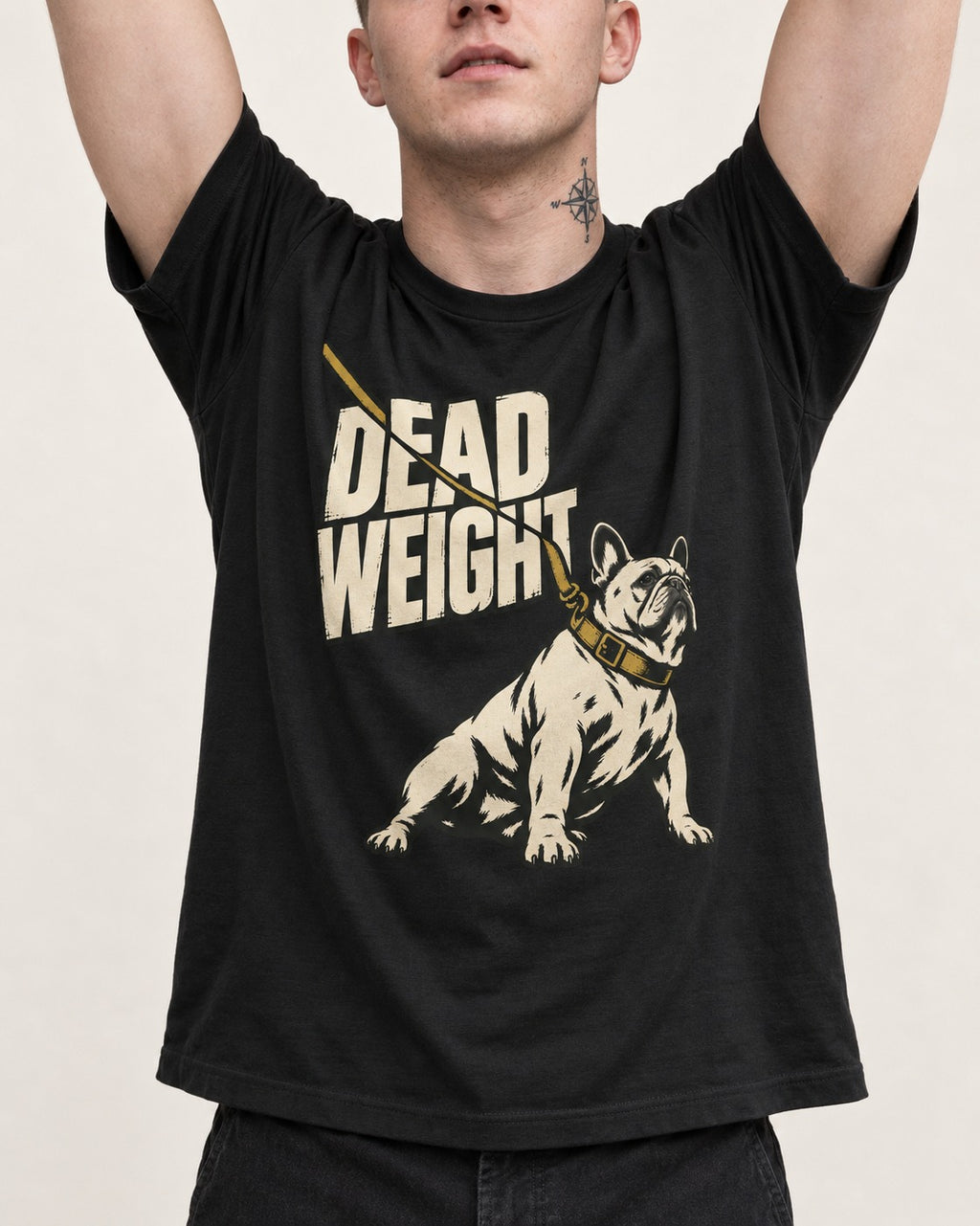 Frenchie Dead Weight Leash Graphic T-Shirt in Black, worn by a model, front view