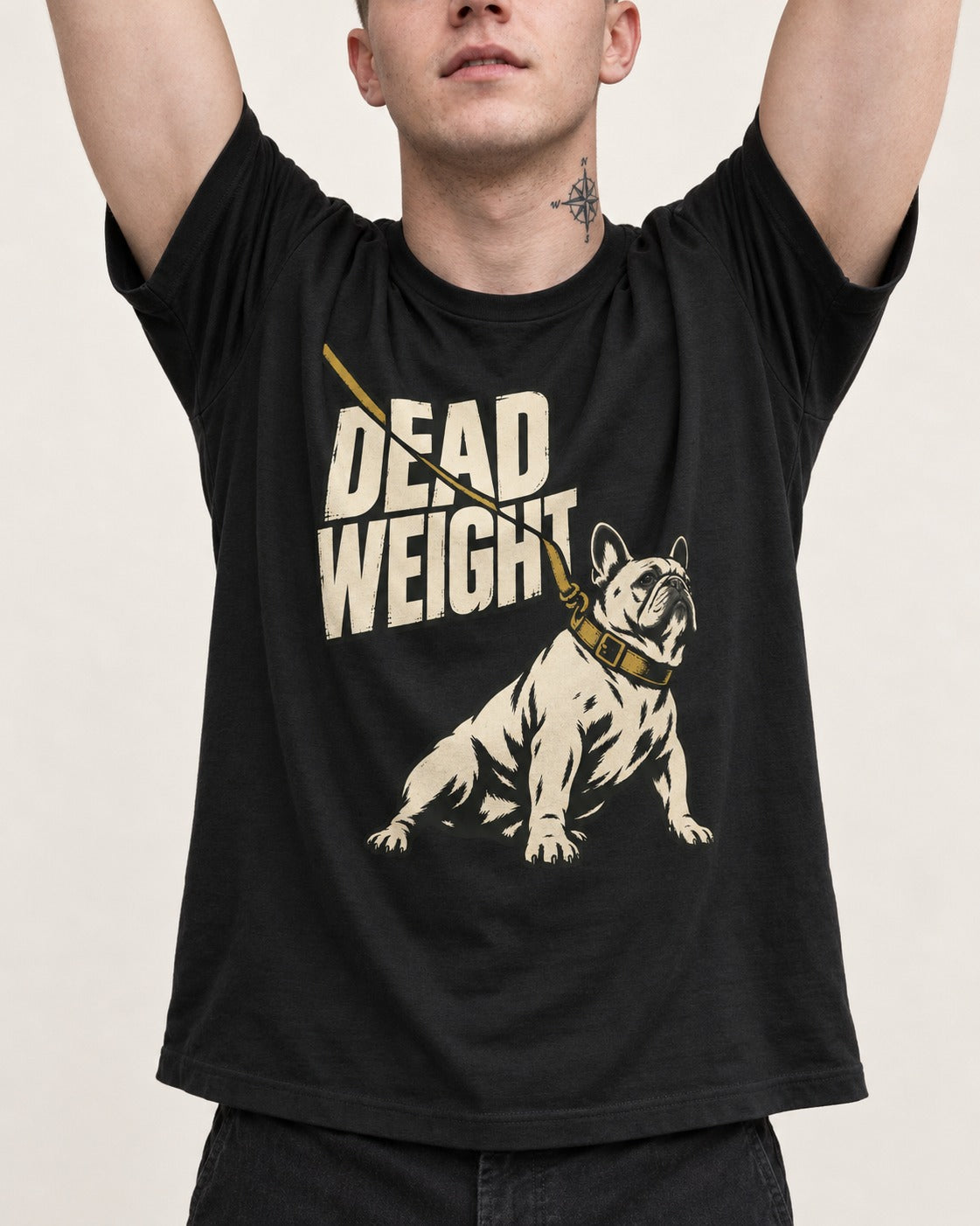 Frenchie Dead Weight Leash Graphic T-Shirt in Black, worn by a model, front view