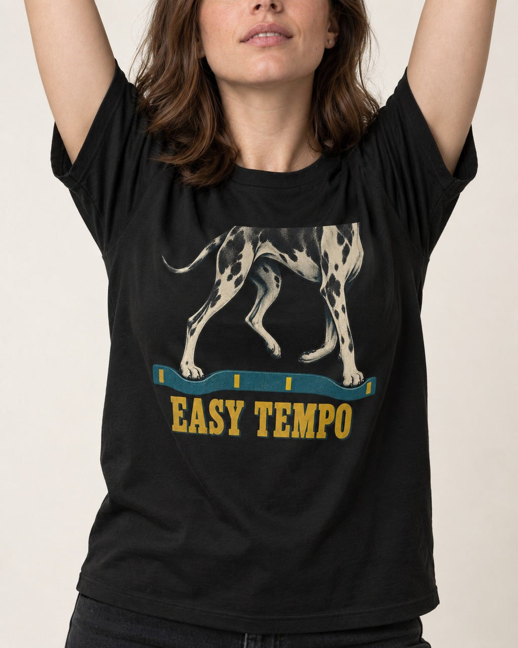 Great Dane Easy Tempo Elastic Band Legs Graphic T-Shirt in Black, worn by a model, front view