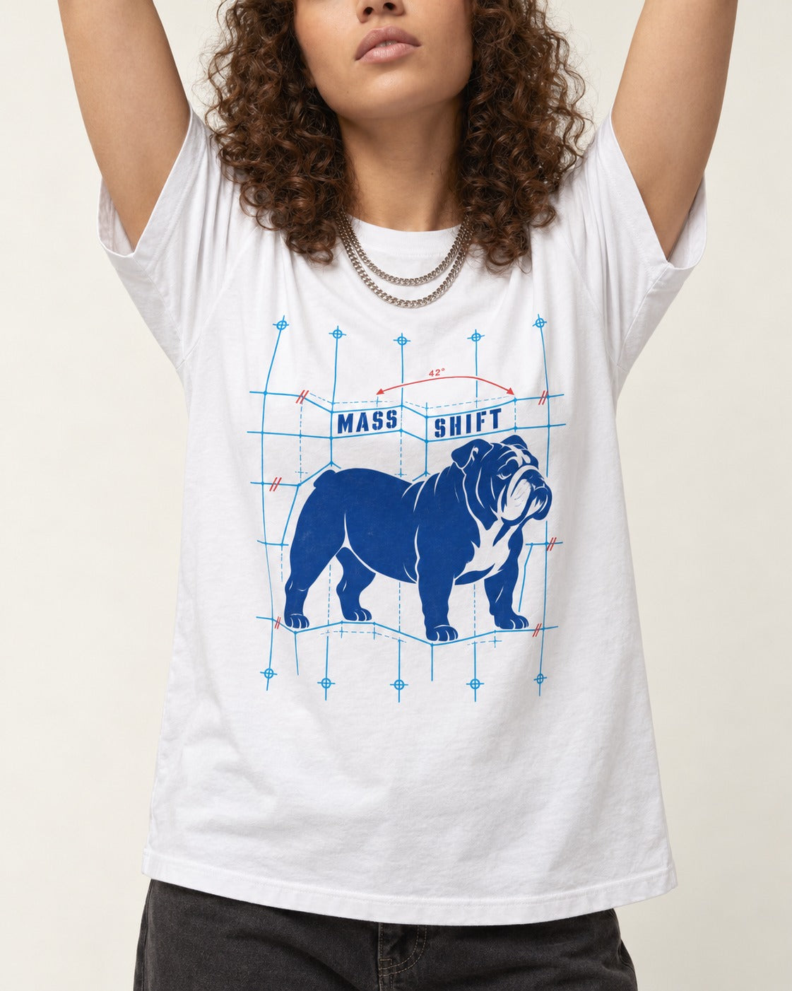 Mass Shift English Bulldog T-Shirt in White, worn by a model, front view