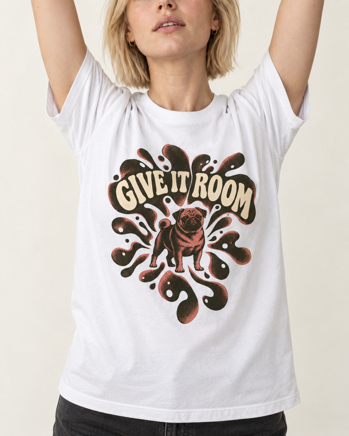 Give Pug Room T-Shirt in White, worn by a model, front view