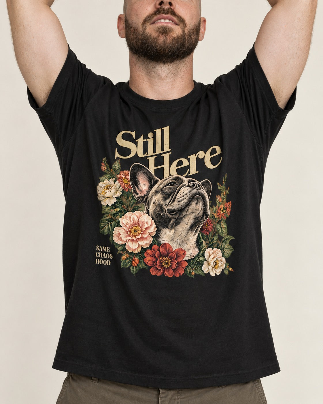 Frenchie Still Here Floral Portrait Graphic T-Shirt in Black, worn by a model, front view